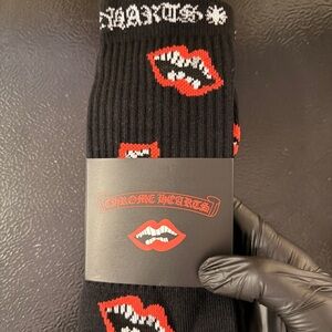 Chrome Hearts Black Crew Socks with Red Lip Graphics